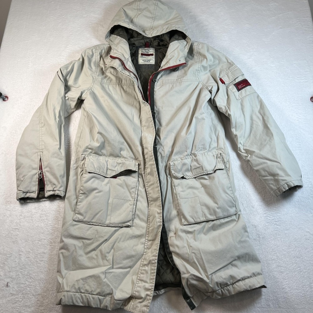 Abercrombie A4 Military Coat Womens M Beige Parka Hooded Long Lined Quilted